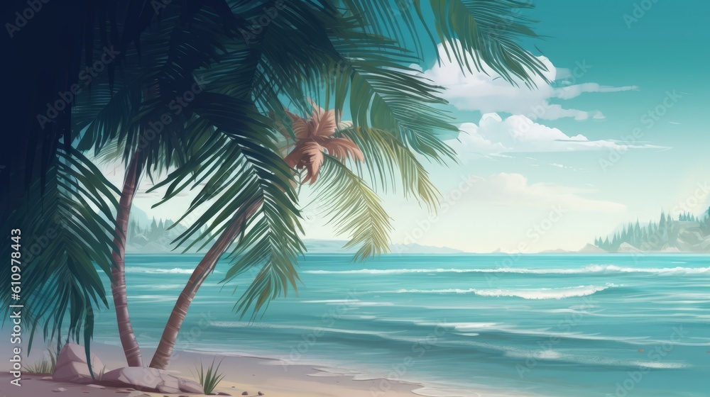 An illustration of an exotic palm tree on the seashore with white sand. Summer holidays by the sea. Generative AI