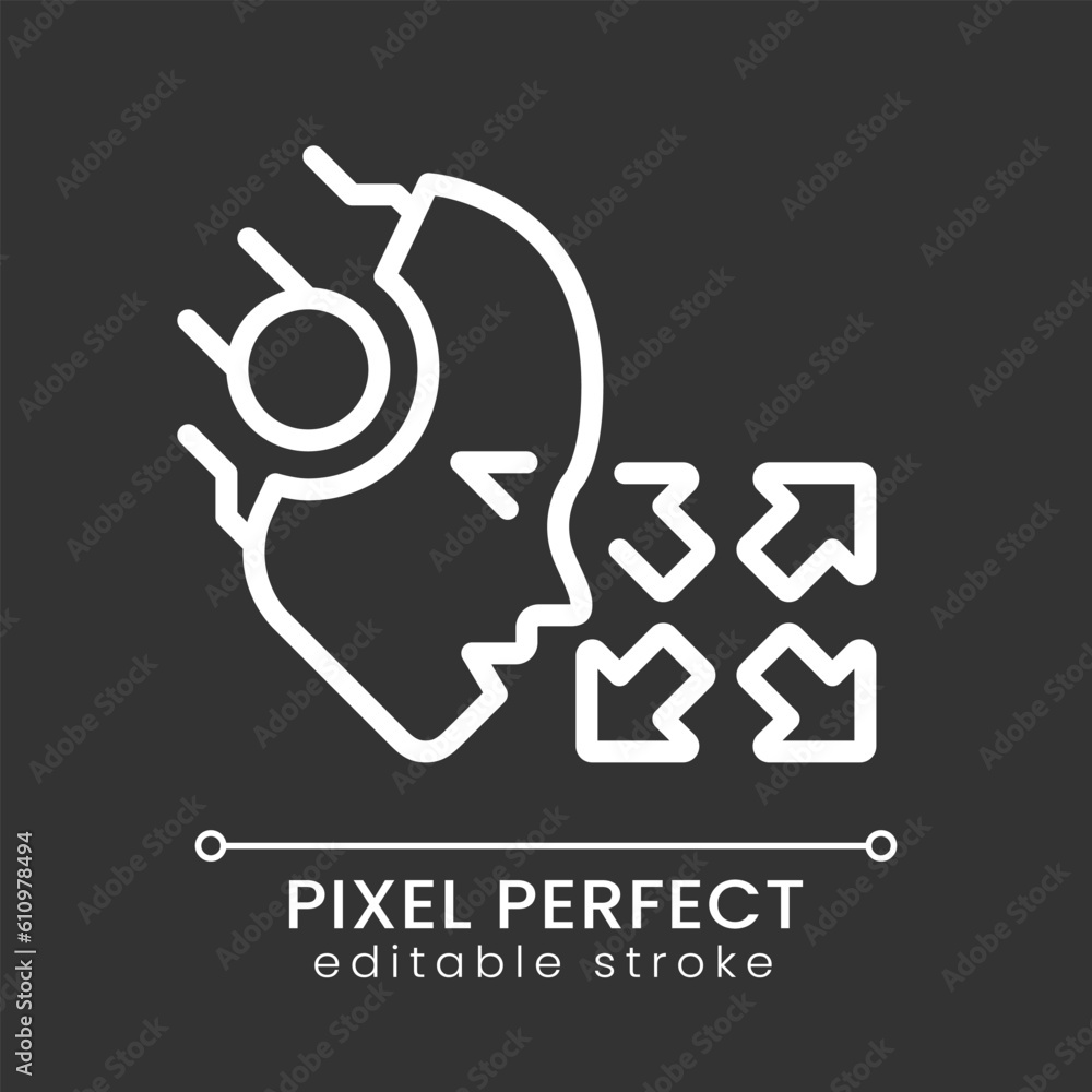 Fototapeta premium AI moves pixel perfect white linear icon for dark theme. Autonomous vehicle. Artificial intelligence software. Self-driving car. Thin line illustration. Isolated symbol for night mode. Editable stroke