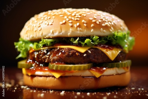 Highly detailed close-up photography of a tasty burguer on a ceramic tile against a rice paper background. With generative AI technology