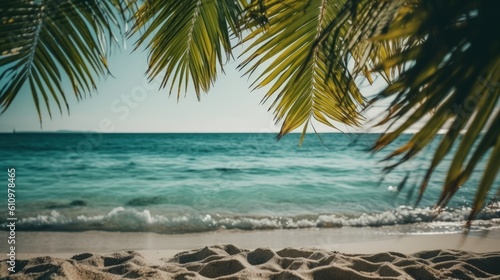 An exotic palm tree on the seashore with white sand. Summer vacation by the sea. Generative AI