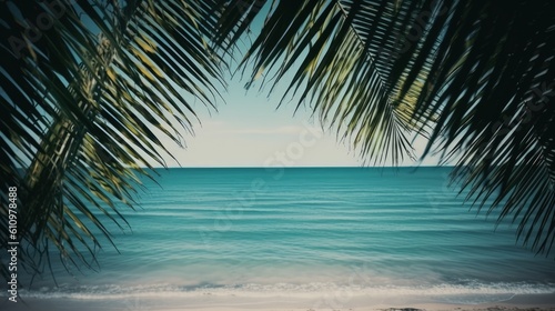 Exotic palm tree on the seashore. Tropical paradise  summer vacation by the sea. Generative AI