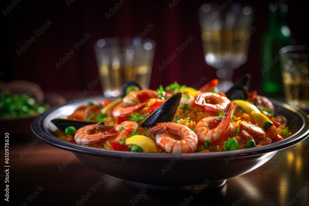 Close-up view photography of a refined paella in a glass bowl against a rice paper background. With generative AI technology Close-up view photography of a refined paella in a glass bowl against a rice paper background. With generative AI technology