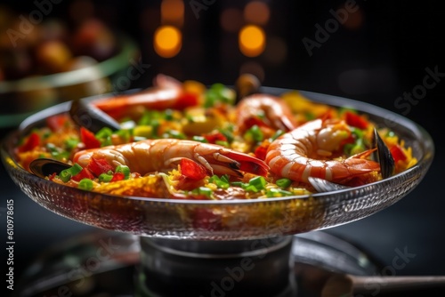 Close-up view photography of a refined paella in a glass bowl against a rice paper background. With generative AI technology