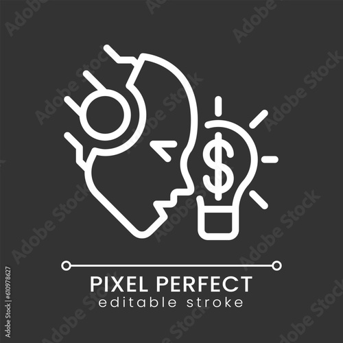 AI makes money pixel perfect white linear icon for dark theme. Machine learning in financial process. Algorithmic trading. Thin line illustration. Isolated symbol for night mode. Editable stroke