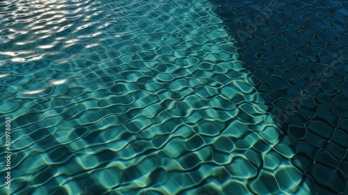 Pool with blue tile bottom. Water pool surface, clear blue water. Top view. Generative AI