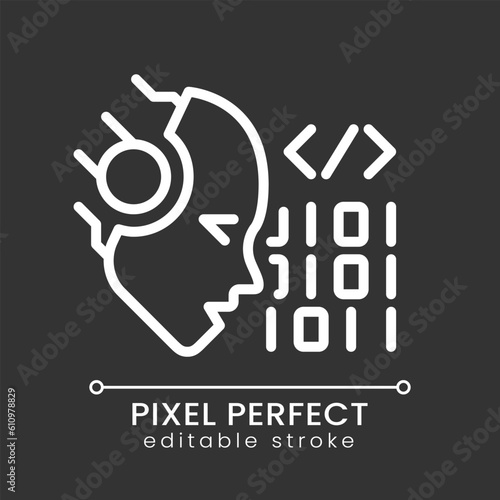AI codes pixel perfect white linear icon for dark theme. Programmers help. Machine learning algorithm. Software technique. Thin line illustration. Isolated symbol for night mode. Editable stroke