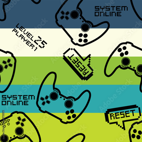 Abstract Seamless hand drawn pattern with joystick. Gamer elements for boy t-shirt design. Repeat print with gamepad sign for boys textile and more
