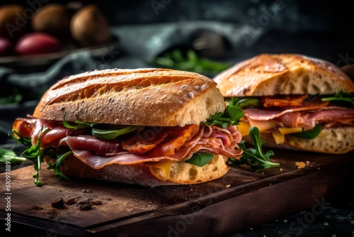 Fotografie, Obraz Rustic ambiance close-up photography of a tempting sandwiches on a slate plate against a silk fabric background