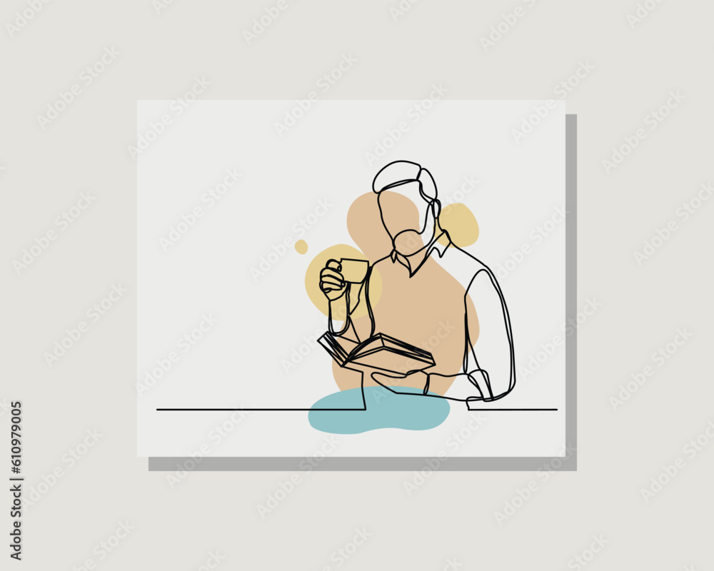 Continuous single one line drawing art of business man read book and holding cup of coffee or hot tea in boho bohemian style design vector illustration Continuous single one line drawing art of business man read book and holding cup of coffee or hot tea in boho bohemian style design vector illustration