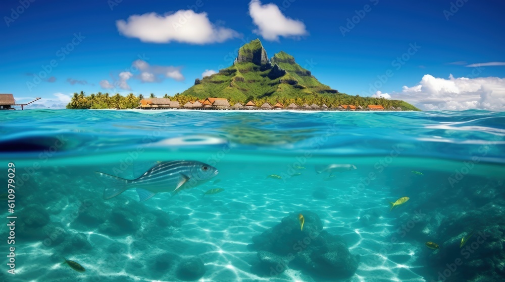 Deep blue sea with fish. A tropical island paradise in the distance. Summer vacation at the sea. Generative AI Deep blue sea with fish. A tropical island paradise in the distance. Summer vacation at the sea. Generative AI