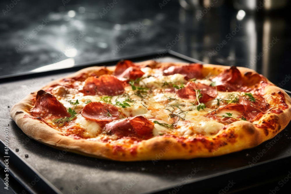 Natural light close-up photography of an exquisite pizza on a slate plate against an aluminum foil background. With generative AI technology Natural light close-up photography of an exquisite pizza on a slate plate against an aluminum foil background. With generative AI technology