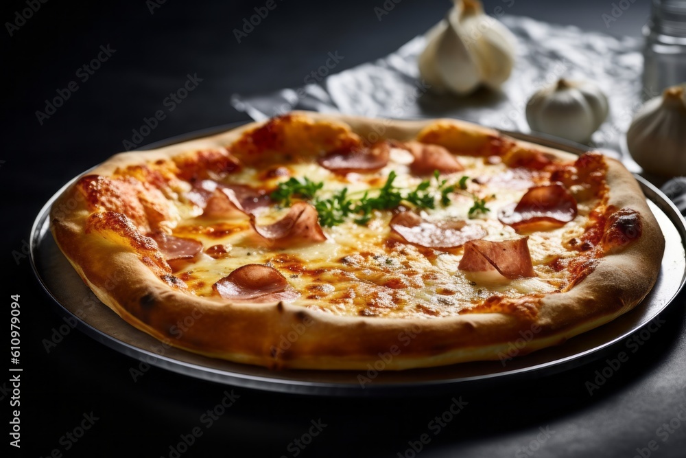 Natural light close-up photography of an exquisite pizza on a slate plate against an aluminum foil background. With generative AI technology