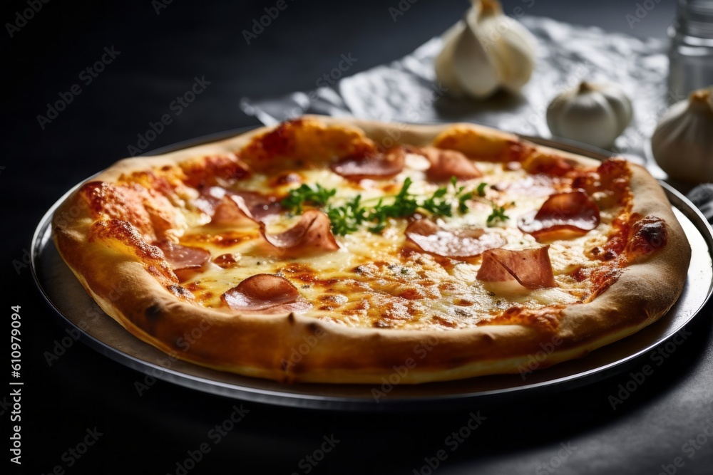 Natural light close-up photography of an exquisite pizza on a slate plate against an aluminum foil background. With generative AI technology Natural light close-up photography of an exquisite pizza on a slate plate against an aluminum foil background. With generative AI technology