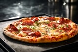 Natural light close-up photography of an exquisite pizza on a slate plate against an aluminum foil background. With generative AI technology