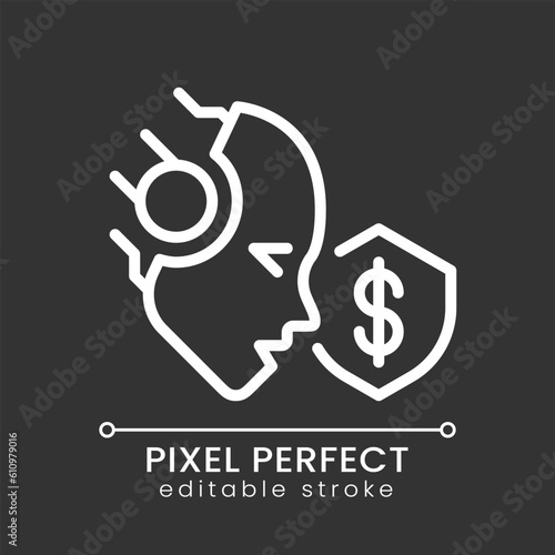 AI protects pixel perfect white linear icon for dark theme. Credit card fraud detection. Artificial intelligence solution. Thin line illustration. Isolated symbol for night mode. Editable stroke