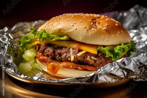 Detailed close-up photography of a tempting burguer on a palm leaf plate against an aluminum foil background. With generative AI technology photo