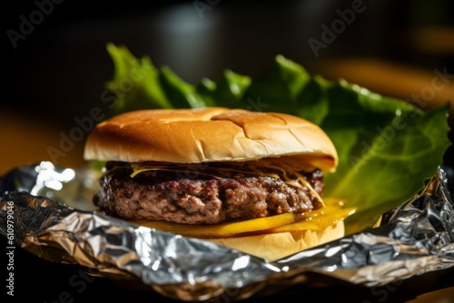 Detailed close-up photography of a tempting burguer on a palm leaf plate against an aluminum foil background. With generative AI technology photo
