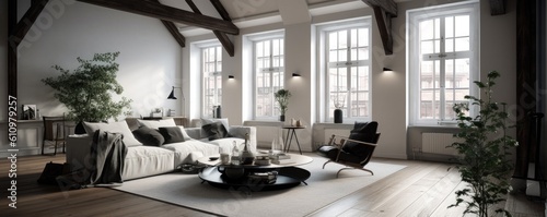 Banner - Living room in Loft in Scandinavian design marked by a focus on clean, simple lines, minimalism, and functionality without sacrificing beauty. Architecture and Real estate, AI generative © Dalibor