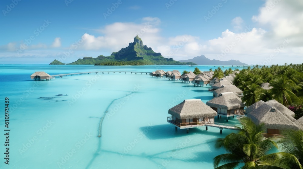 Fototapeta premium Deep sea, luxury villas and trees. A tropical island paradise. Summer vacation at the sea. Generative AI