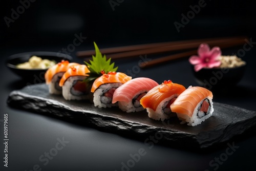 Detailed close-up photography of a tempting sushi on a slate plate against a painted acrylic background. With generative AI technology