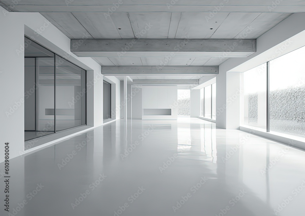 Fototapeta premium Large white concrete iinterior mock open space office. Generative Ai