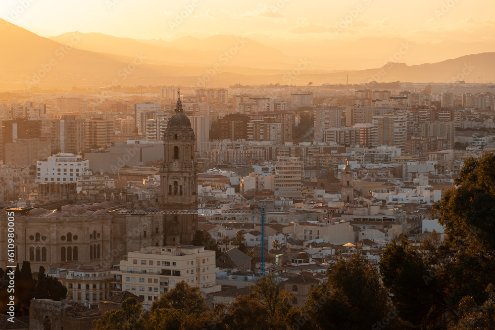 panoramic view of ancient spanish city Malaga, sunset, Andalusia, Spain