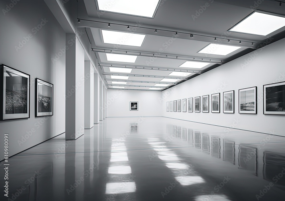 art gallery interior. Beautiful modern white glossy walls and floor interior. Generative Ai