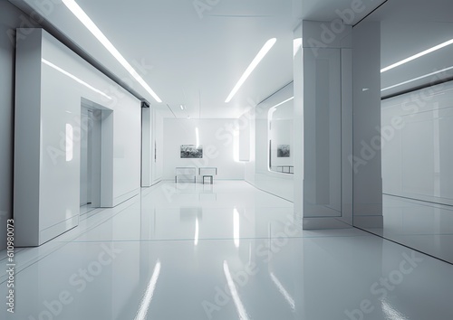 art gallery interior. Beautiful modern white glossy walls and floor interior. Generative Ai
