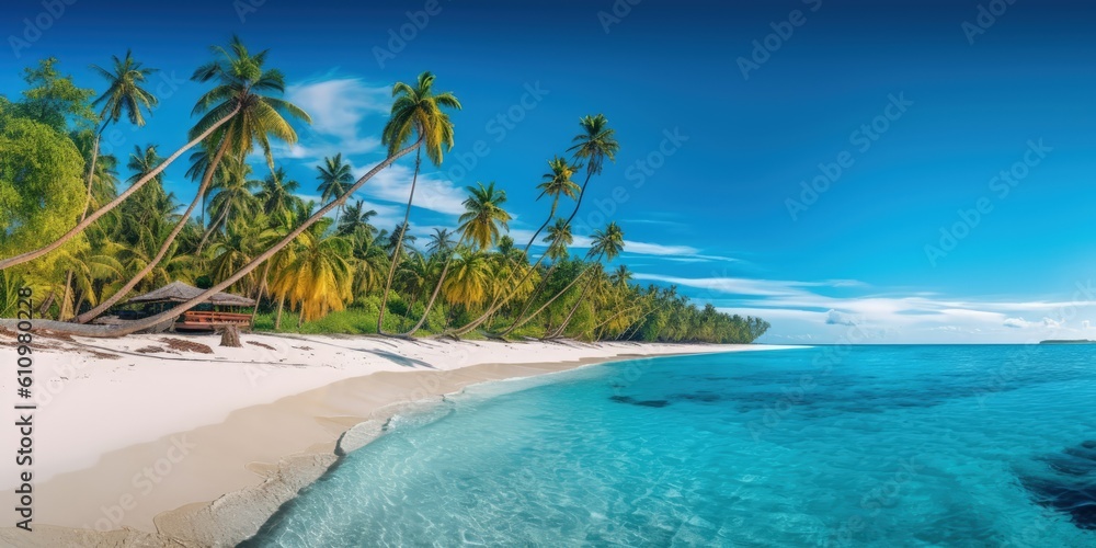 Naklejka premium Villas and palm trees on the shore of the azure sea with white sand. Tropical paradise, vacation by the sea. Generaive AI