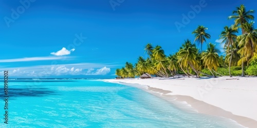 Villas and palm trees on the shore of the azure sea with white sand. Tropical paradise, vacation by the sea. Generaive AI