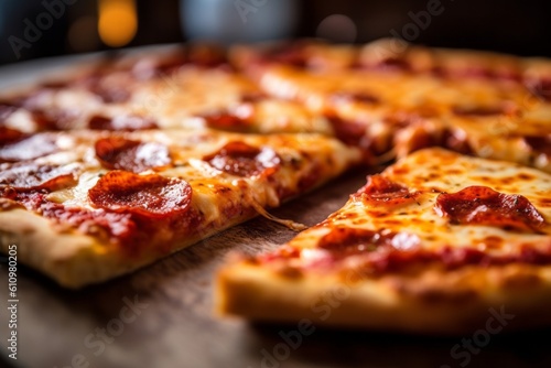 Macro detail close-up photography of an hearty pizza on a rustic plate against a patterned gift wrap paper background. With generative AI technology