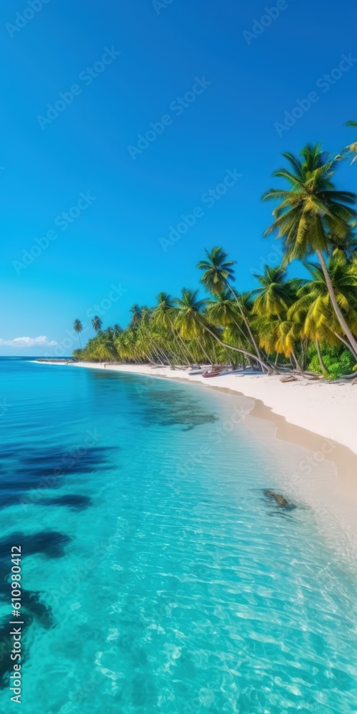 Palm trees on the shore of the azure sea with white sand. Beach resort on a tropical paradise island, vacation by the sea. Generative AI