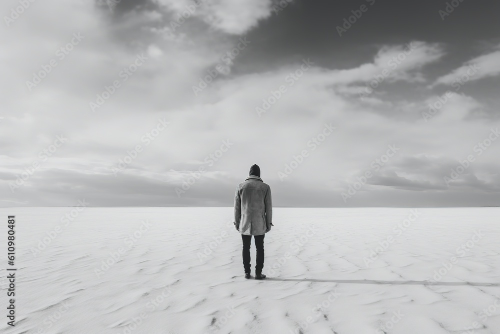 A man silhouette on large vast white environment. Generative Ai A man silhouette on large vast white environment. Generative Ai