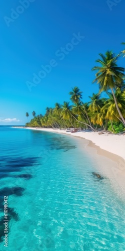 Palm trees on the shore of the azure sea with white sand. Beach resort on a tropical paradise island  vacation by the sea. Generative AI
