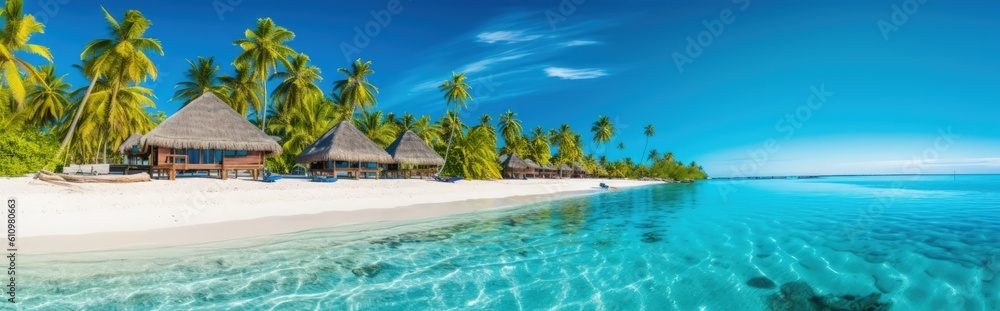 Villas and palm trees on the shore of the azure sea with white sand. Tropical paradise, vacation by the sea. Generaive AI