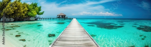 Summer vacation  a beach resort on a tropical paradise island. Villas on the water  a wooden pier over the azure sea leads to the villas. A luxurious tourist landscape. Generative AI