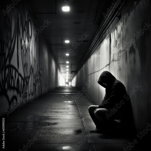 hopeless person in the tunnel, alone and lonely 