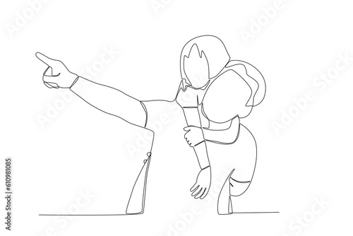 Vector continuous line drawing happy father piggybacking cute little daughter playing with dad vector