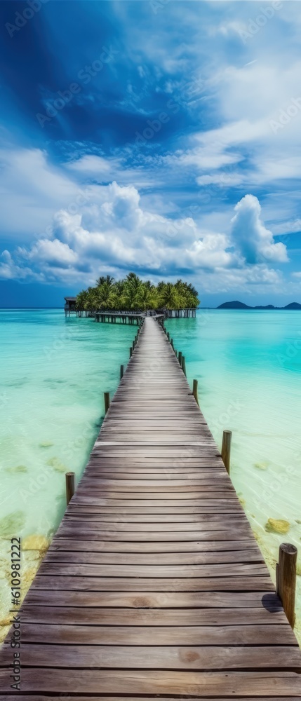 Villas on the water, a wooden pier over the azure sea leads to palm trees and villas. Summer vacation, a beach resort on a tropical paradise island. Luxurious tourist landscape. Generative AI