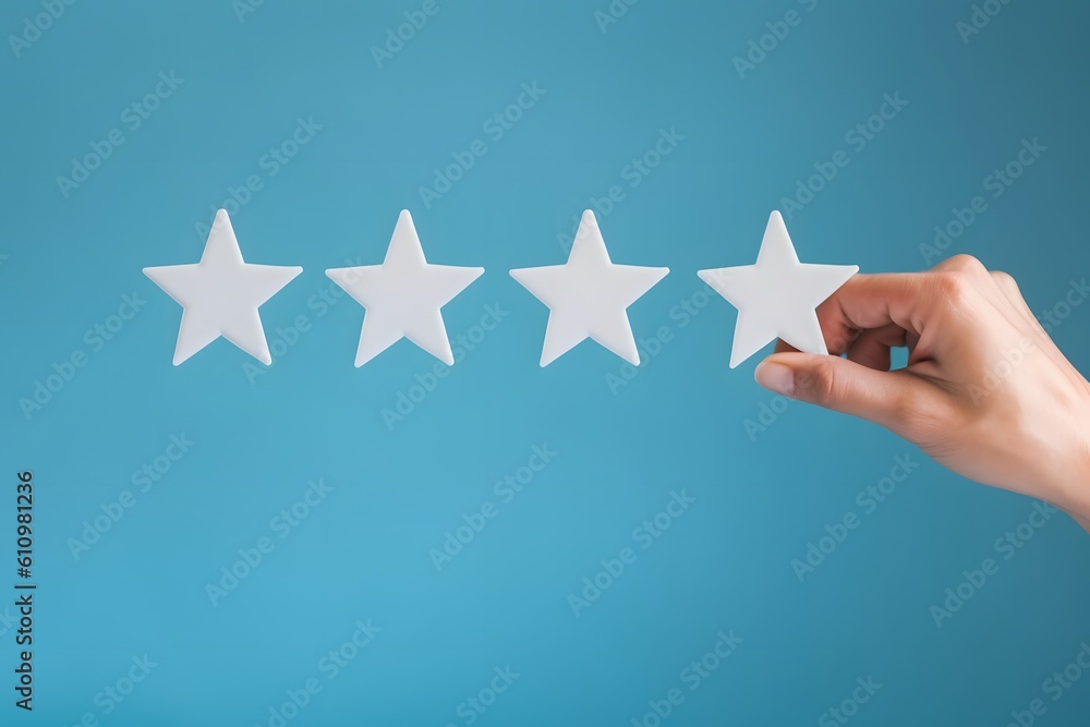 Blue background with a hand-written 4 star review and star logo ...