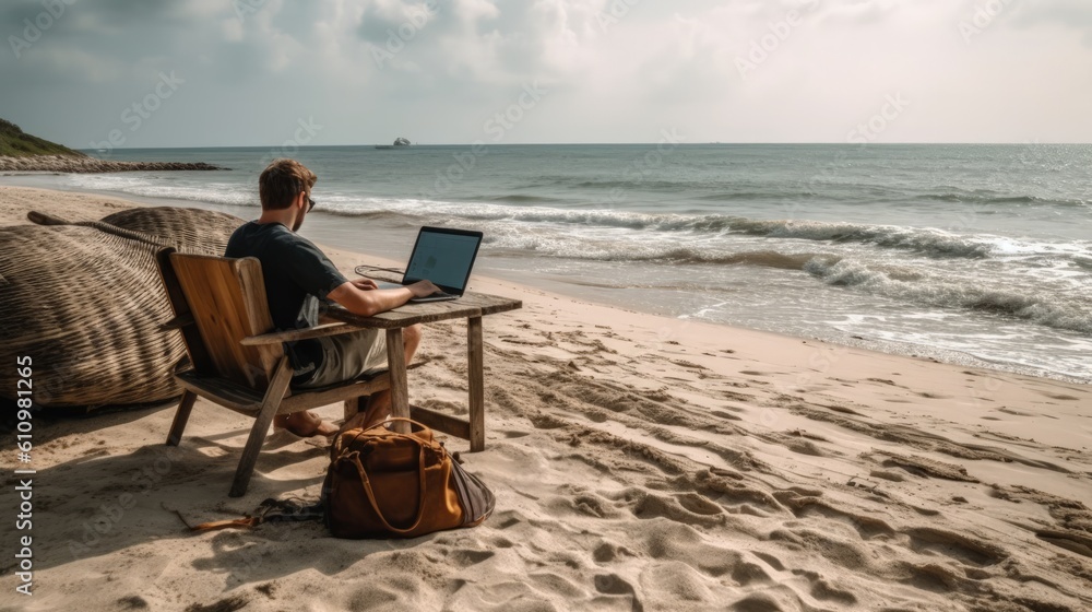 A man is working at a laptop on the shore of the azure sea. Rest and work by the sea. Generaive AI