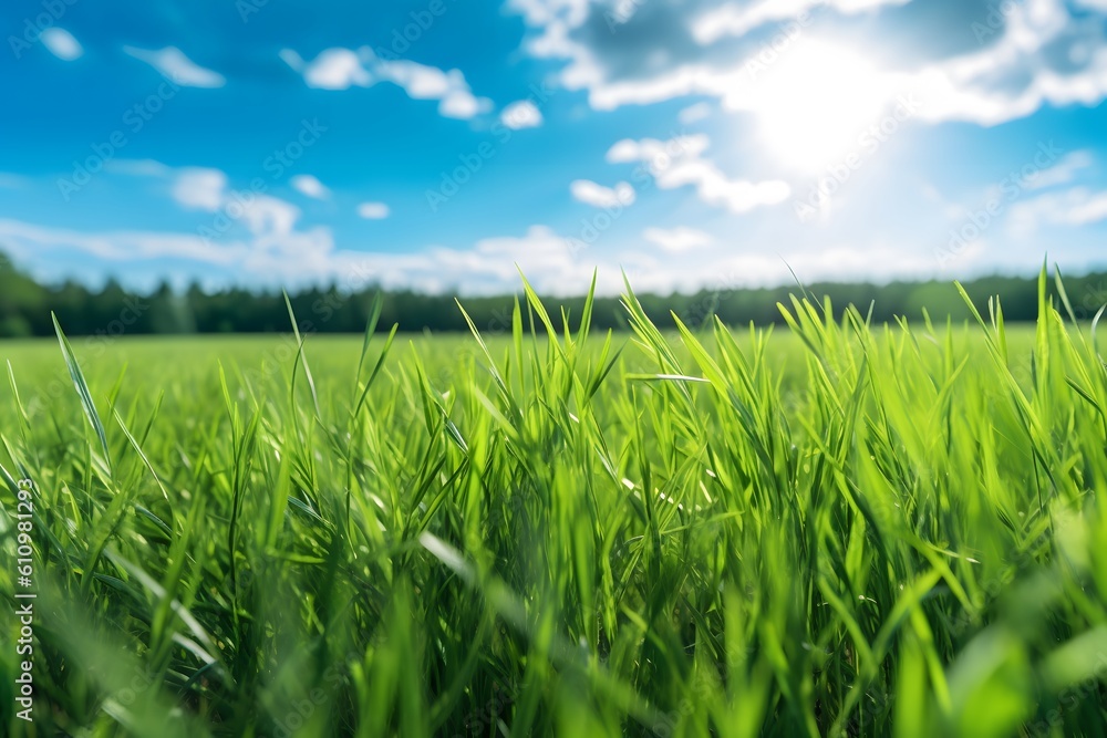 Fototapeta premium fresh green grass in a hayfield with a blue sky in the background. Generative AI