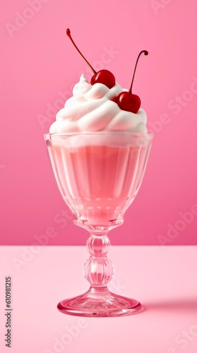 Wallpaper Mural Cherry milk cocktail with whipped cream on pink background. Generative AI. Torontodigital.ca