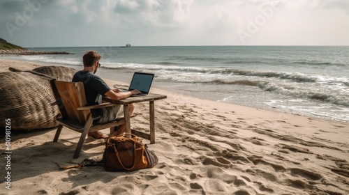 A man is working at a laptop on the shore of the azure sea. Rest and work by the sea. Generaive AI ©  AKA-RA