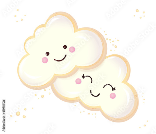 Kid's cookies with painted smiling clouds and crumbs on a white background