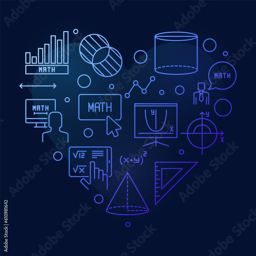 Learning Mathematics vector thin line heart shape blue banner - Math concept modern illustration