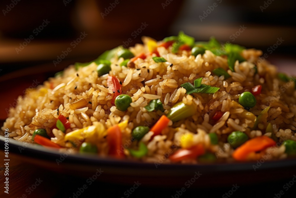 Macro detail close-up photography of an hearty fried rice on a rustic plate against a coffee sack fabric background. With generative AI technology Macro detail close-up photography of an hearty fried rice on a rustic plate against a coffee sack fabric background. With generative AI technology