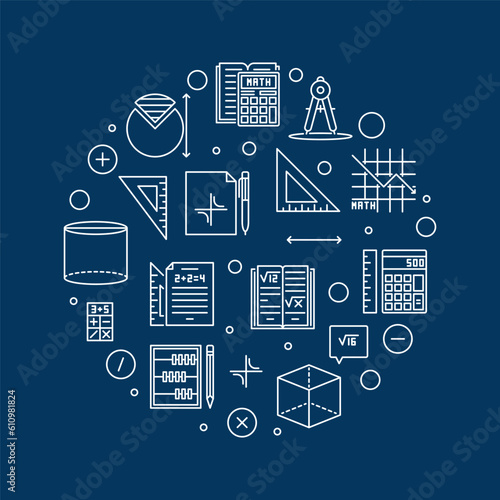 Basic Math vector outline cirlce shaped banner - Mathematics round illustration