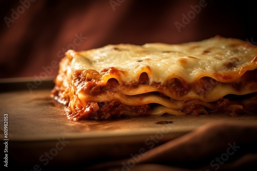 Macro view photography of a refined  lasagna on a metal tray against a coffee sack fabric background. With generative AI technology