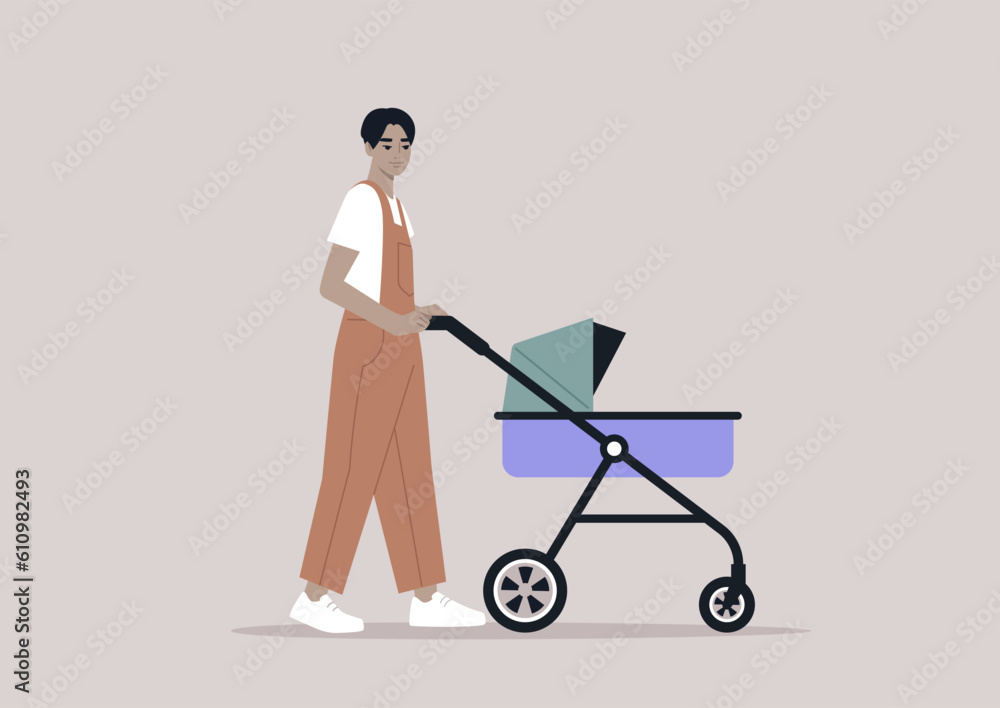 A young Asian parent walking with a stroller, outdoor activities A young Asian parent walking with a stroller, outdoor activities